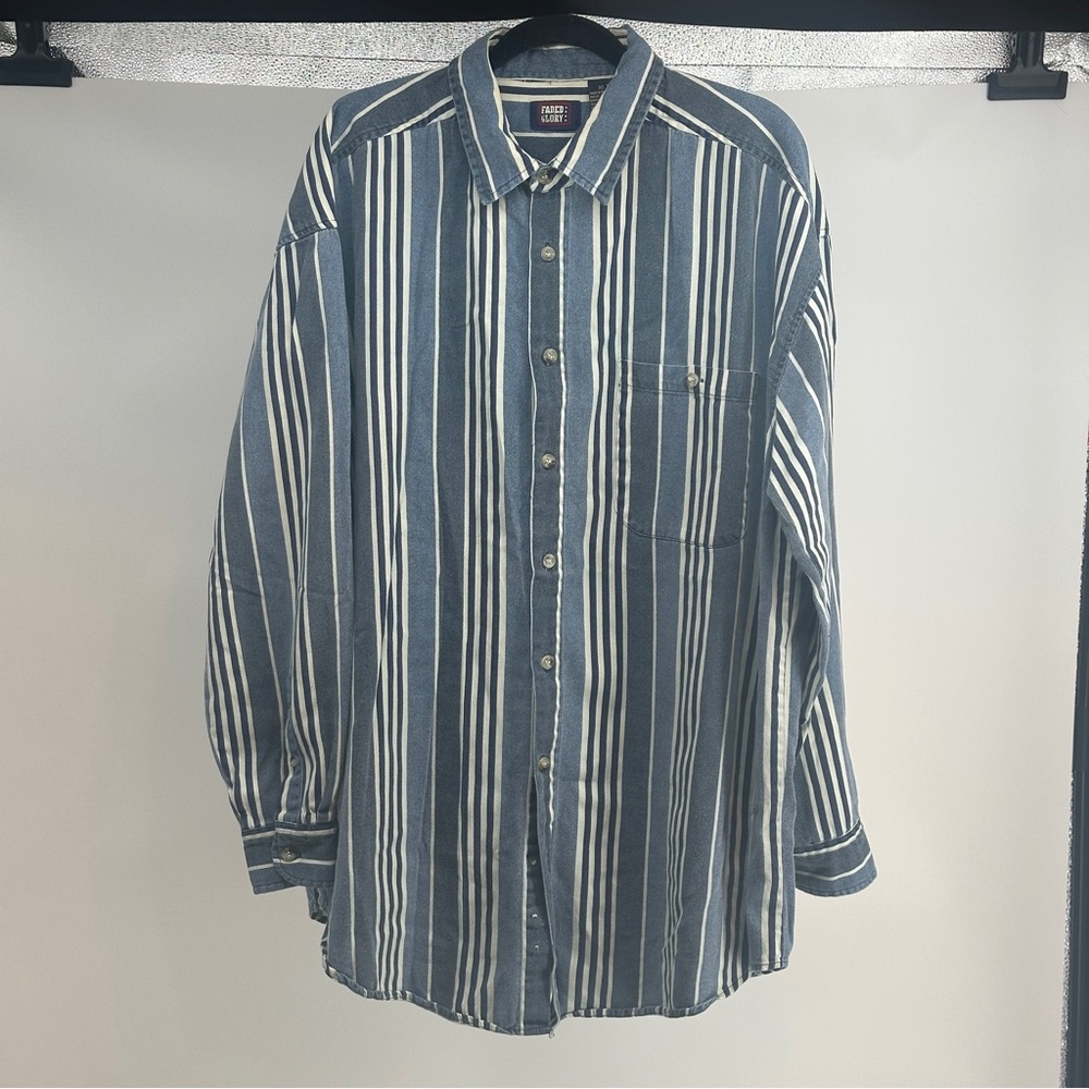 Men’s Vintage Denim‎ Casual Striped Blue Shirt XLT 90’s Y2K